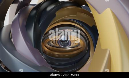 Ball in rotating 3d spiral of lines. Motion. 3D with shiny metallic ball in center of rotating lines. framing ball in center Stock Photo