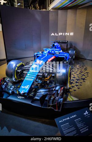 The Alpine A521 race car, competing in the 2021 FIA Formula One (F1) World Championship, exposed in the Atelier Renault showroom in Paris, France. Stock Photo