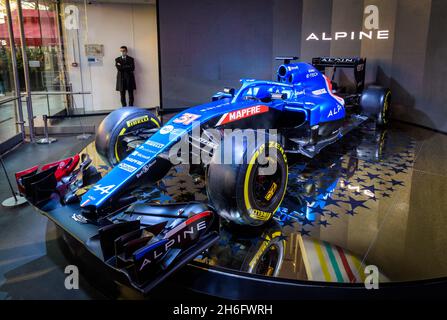 The Alpine A521 race car, competing in the 2021 FIA Formula One (F1) World Championship, exposed in the Atelier Renault showroom in Paris, France. Stock Photo