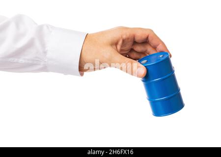 Man holds barrel in hand isolated on white background, template for designers Stock Photo
