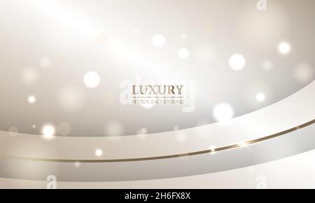 Abstract realistic luxury elegant festive beige background with gold line and bokeh light effect. Stock Vector