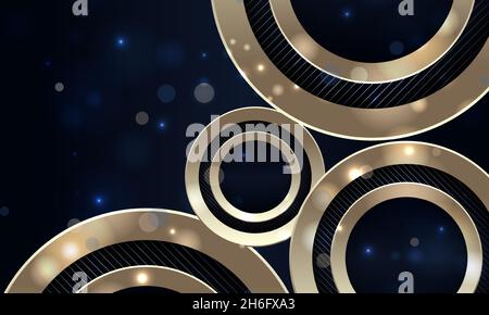 Abstract luxury dark blue background with golden circles and bokeh festive lights effect. Abstract luxury geometric background. Stock Vector