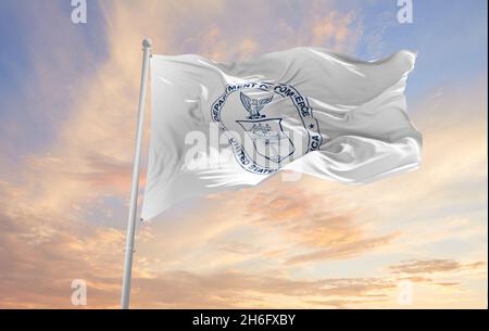 Minsk, Belarus - May, 2021: flag of United States Department of Commerce waving in the wind. USA Departments. Copy space. 3d illustration, Stock Photo