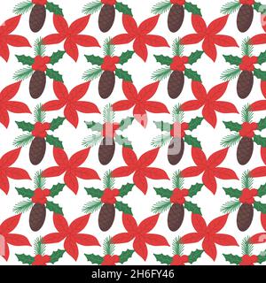 Christmas and Happy New Year seamless pattern with pine cone and flower. Isolated on white vector illustration. Endless holiday background Stock Vector