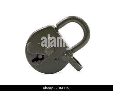 green locked military padlock isolated on white background Stock Photo
