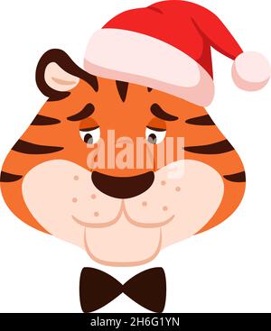 Cartoon unhappy striped tiger in Santa hat Stock Vector
