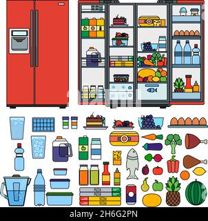 Refrigerator with products flat line vector Stock Vector
