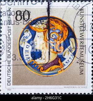 GERMANY, Berlin - CIRCA 1984: a postage stamp from Germany, Berlin showing art treasures in Berlin museums: majolica bowl Museum of Decorative Arts Stock Photo