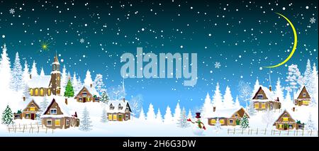 Houses, village, church, spruce. Winter rural landscape. Christmas night. Snow, snow-covered houses, forest. Snowman. Stock Vector