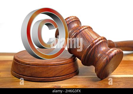 Copyright sign and judge gavel in a close-up, 3d-illustration Stock Photo