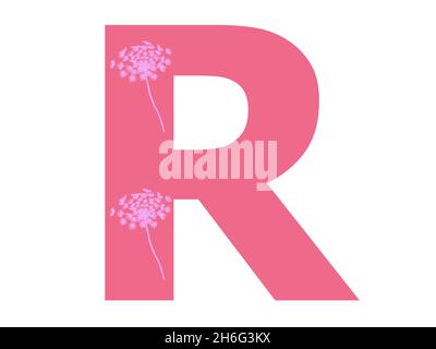 Letter R of the alphabet made with pink flower silhouette in a dark pink background, the letter is isolated on a white background Stock Photo