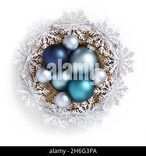 Merry Christmas decorative composition for door or centerpiece, straw garland with snowflakes and turquoise blue xmas balls, decoration isolated on wh Stock Photo