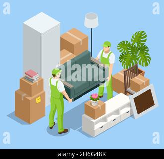 Isometric Furniture delivery, moving house service concept. Carton boxes with stuff. Relocation. Stock Vector
