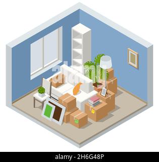 Isometric Furniture delivery, moving house service concept. Carton boxes with stuff. Relocation. Stock Vector