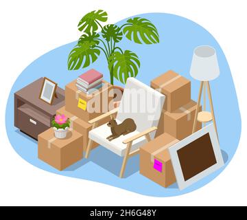 Isometric Furniture delivery, moving house service concept. Carton boxes with stuff. Relocation. Stock Vector