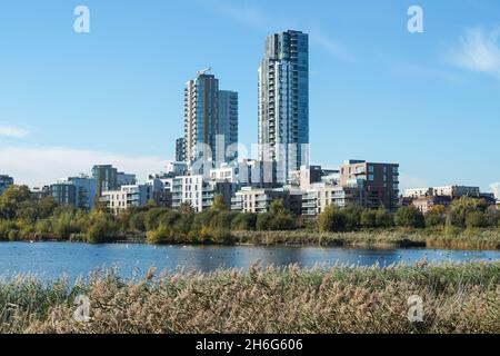 Woodberry Down modern residential buildings and Woodberry Wetlands nature reserve in London England United Kingdom UK Stock Photo