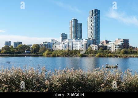 Woodberry Down modern residential buildings and Woodberry Wetlands nature reserve in London England United Kingdom UK Stock Photo