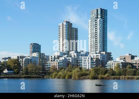 Woodberry Down modern residential buildings and Woodberry Wetlands nature reserve in London England United Kingdom UK Stock Photo