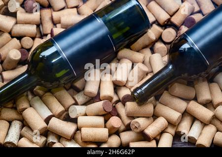 Wine bottle standing on wine corks. top view Stock Photo