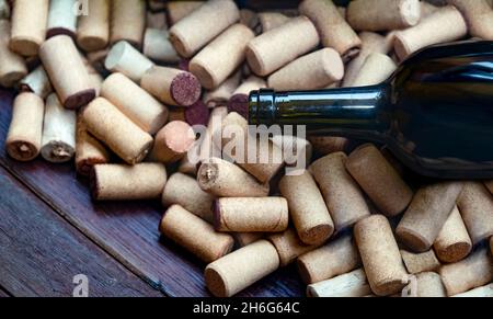 Wine bottle standing on wine corks. top view Stock Photo