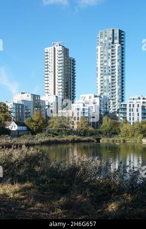 Woodberry Down modern residential buildings and Woodberry Wetlands nature reserve in London England United Kingdom UK Stock Photo