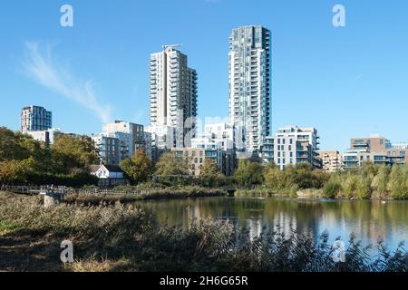 Woodberry Down modern residential buildings and Woodberry Wetlands nature reserve in London England United Kingdom UK Stock Photo