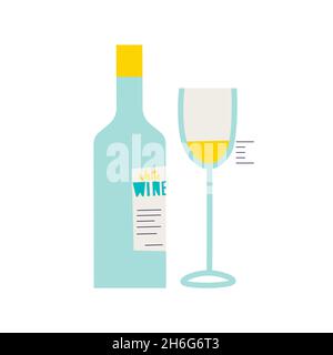 Bottle of white wine. Tasting dose of wine poured into a glass. Vector trendy isolated illustrations for design. Stock Vector