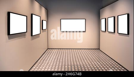 black frames on isolated walls inside empty room Stock Photo