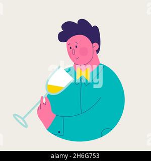 Single illustration from a set of white wine tasting. Cute man exploring the color and shade of the wine. Vector trendy isolated illustrations for Stock Vector