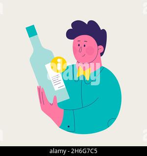 Single illustration from a set of wine tasting. Cute man is exploring the information on a wine bottle label. Vector trendy isolated illustration for Stock Vector