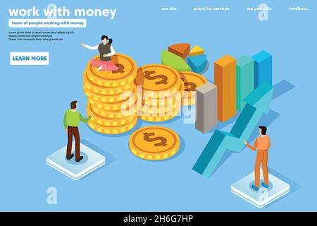 people in flat isometric style working with money and charts. Vector illustration Stock Vector
