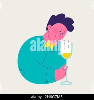 Single illustration from a set of white wine tasting. Cute man exploring aroma of wine. Vector trendy isolated illustrations for design. Stock Vector