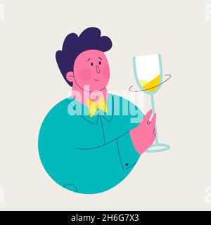 Single illustration from a set of white wine tasting. Cute man is swirling white wine glass. Vector trendy isolated illustrations for design. Stock Vector