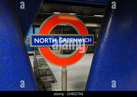 North Greenwich underground, tube station roundel sign London England United Kingdom UK Stock Photo