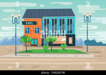 Street cafe in the city center. Detailed cartoon illustration. Vector illustration Stock Vector