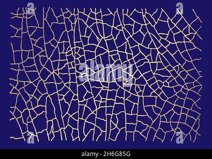 Golden cracked texture pattern on dark blue background. Kintsugi Japanese art style. Upcycling eco trend. Grunge gold craquelure ceramics effect Moder Stock Vector