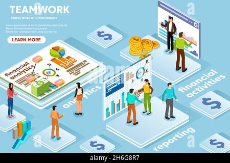 team of people working on innovative business project in virtual office. Stock Vector