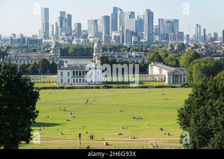 View of Canary Wharf skyscrapers from Greenwich Park in London, England, United Kingdom, UK Stock Photo