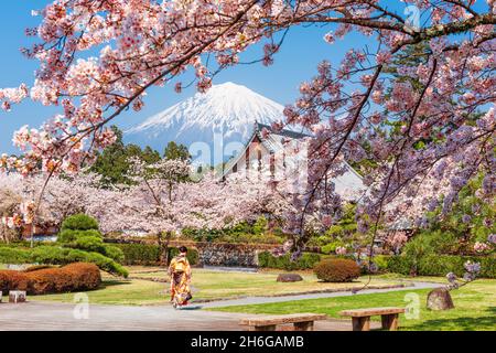 Fujinomiya, Shizuoka, Japan with Mt. Fuji in spring. Stock Photo