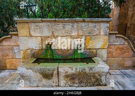 Old fountain with lions ornaments in Grimaund. France, Departement Var, Côte d‘Azur Stock Photo