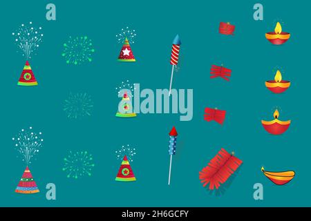 Vector illustration of colorful firecracker with diya lamps set for Diwali holiday fun. Stock Vector