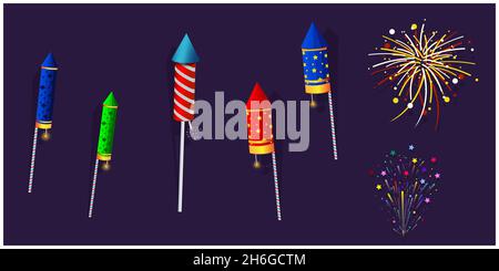 Vector illustration of a colorful firecracker set rocket. Holiday fun. Stock Vector