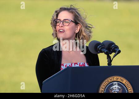 Washington, USA. 15th Nov, 2021. Sen. Kyrsten Sinema, D-Ariz. speaks before President Joe Biden signs into law his Bipartisan Infrastructure Deal, H.R. 3684, the Infrastructure Investment and Jobs Act on the South Lawn of the White House on November 15, 2021 in Washington, DC. (Photo by Oliver Contreras/Sipa USA) Credit: Sipa USA/Alamy Live News Stock Photo