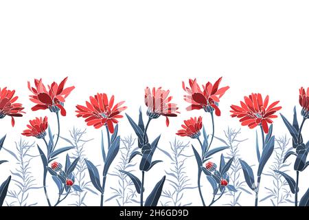 Vector floral seamless pattern, border. Red flowers, buds, blue leaves, herbs. Stock Vector
