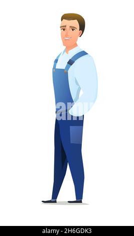 Man in overalls. Service guy. Handyman, locksmith or repairman. Cheerful person. Standing pose. Cartoon comic style flat design. Single character Stock Vector