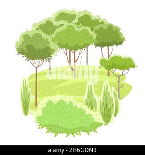 Amusing beautiful forest landscape. Cartoon style. Grass hills. Rural natural look. Wild. Cool romantic pretty. Flat design illustration. Isolated on Stock Vector