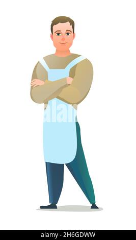 Man craftsman or artist. Guy in apron. Master in workwear. Cheerful person. Standing pose. Cartoon comic style flat design. Single character Stock Vector