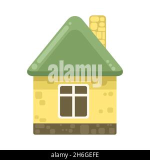 Small country house with orange walls and red roofs. Funny cartoon style. Country suburban village. Traditional simple architecture. Illustration for Stock Vector