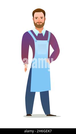 Man craftsman or artist. Guy in apron. Master in workwear. Cheerful person. Standing pose. Cartoon comic style flat design. Single character Stock Vector