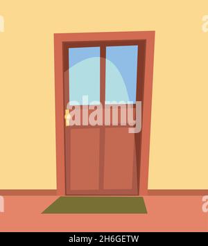 Close door. Simple and flat style. Inside view from the room of the house. Yellow wall. Cartoon cute fairy tale design. Image background. Vector Stock Vector